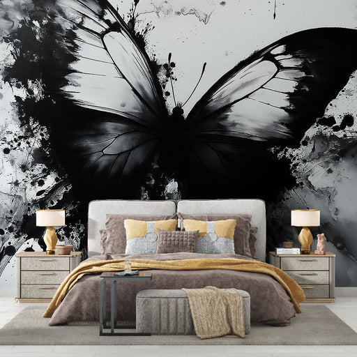 Papier peint papillon élégance monochrome avec éclaboussures artistiques pour chambre moderne