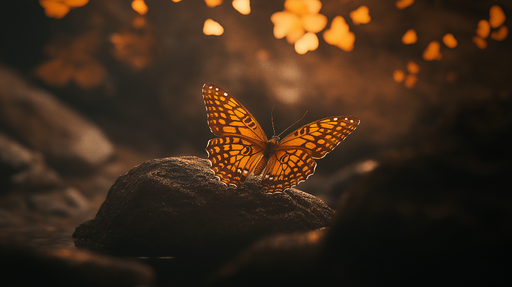 Papier peint papillon Elégante illustration d'un papillon orange posé sur une pierre