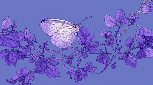 Papier peint papillon et feuillage Un délicat motif de papillon sur fond violet avec des feuillages stylisés.