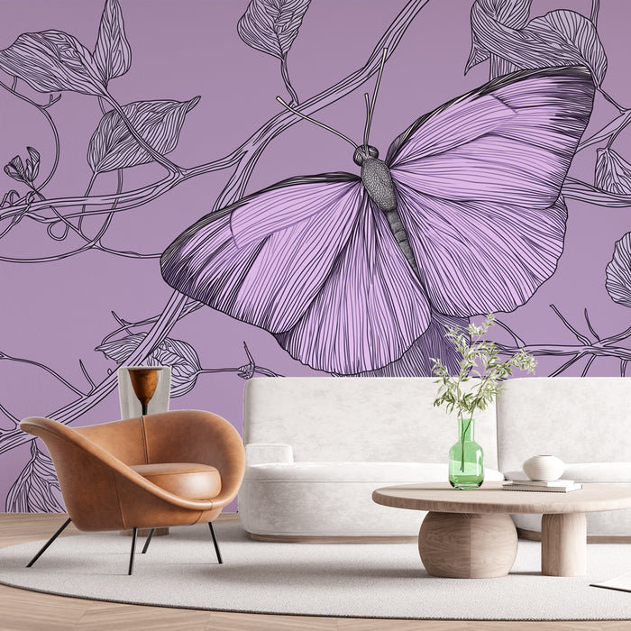 Une pièce moderne avec un papier peint illustrant un grand papillon violet sur fond lilas, créant une ambiance artistique et délicate.