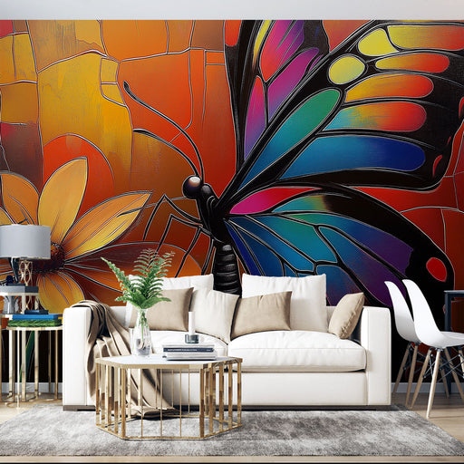 Papier peint coloré avec motif de papillon et fleur pour salon moderne