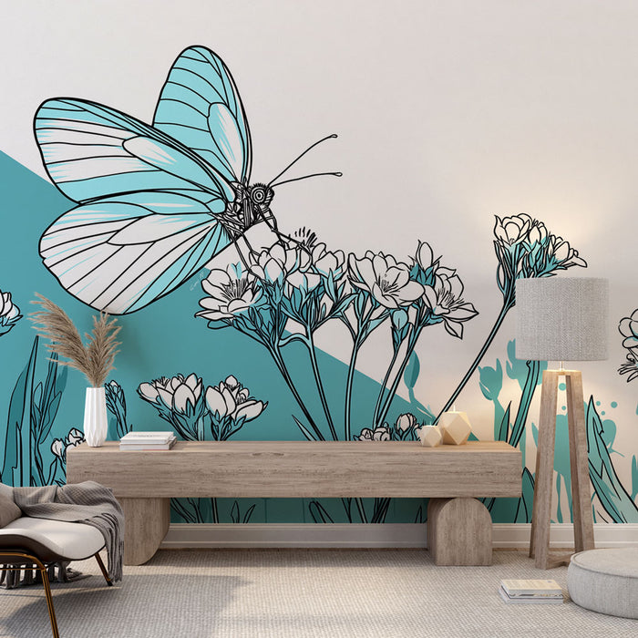 Une pièce moderne avec un papier peint illustrant un grand papillon bleu sur fond turquoise, entouré de fleurs blanches, créant une ambiance fraîche et artistique.