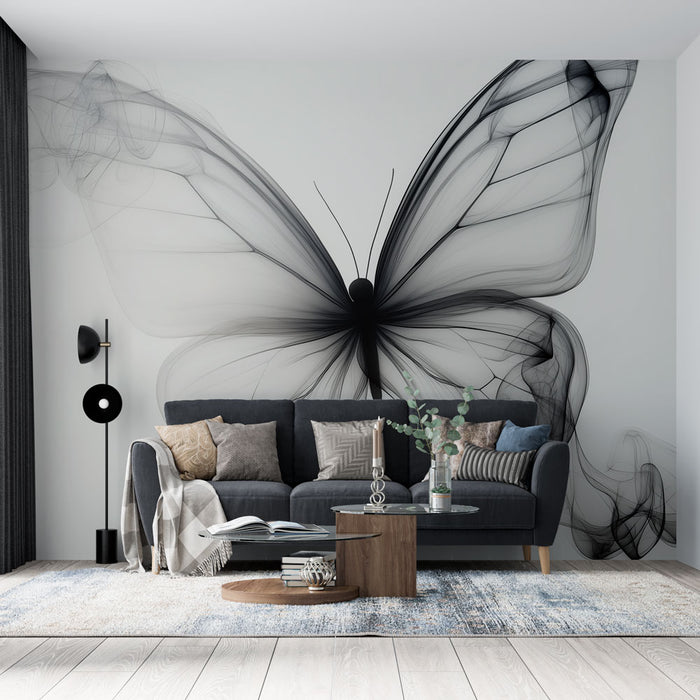 Papier peint papillon évanescent avec motif délicat de papillon en filigrane noir et blanc pour salon moderne