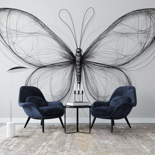 Papier peint design élégant avec motif de papillon filaire noir pour salon moderne