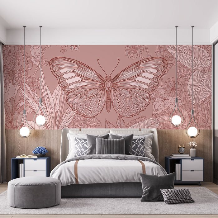 Une chambre élégante avec un papier peint rose illustrant un grand papillon et des motifs floraux, créant une atmosphère douce et apaisante.