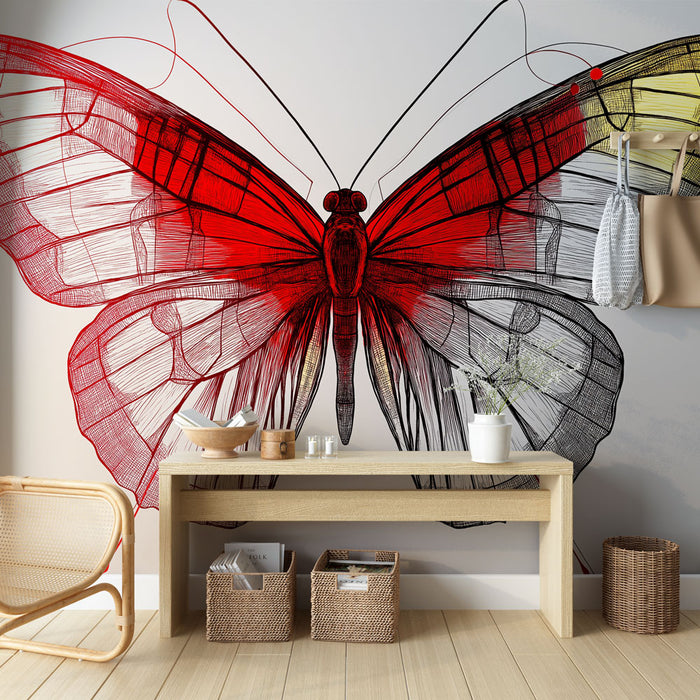 Papier peint artistique avec illustration de papillon aux ailes rouges et jaunes pour décoration murale moderne.