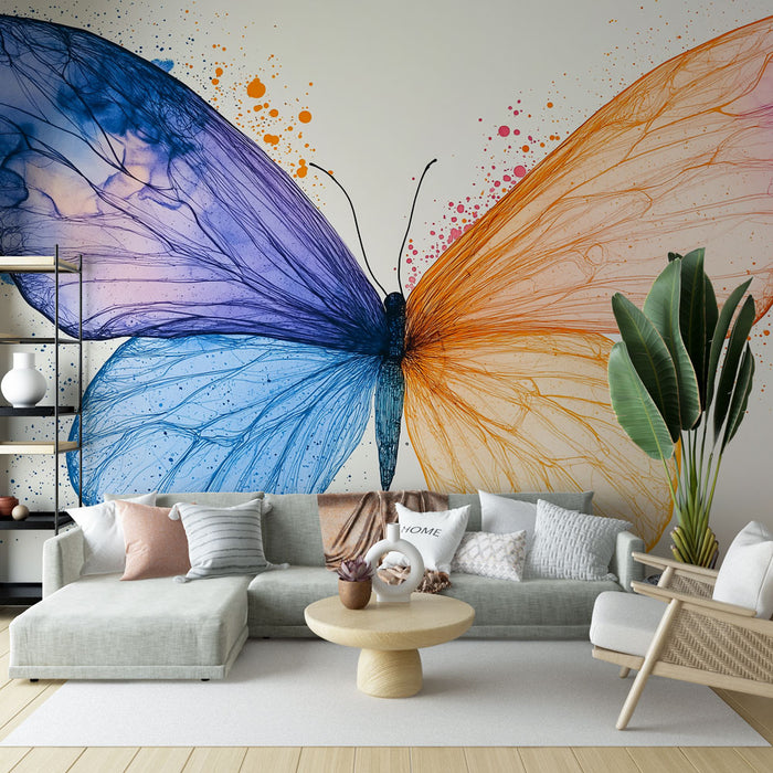 Papier peint artistique avec illustration de papillon aux couleurs vives pour salon moderne