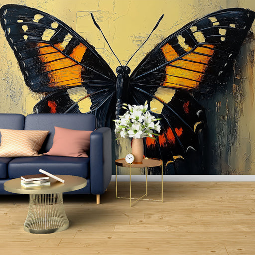 Papier peint artistique avec illustration de papillon coloré sur fond texturé pour salon moderne