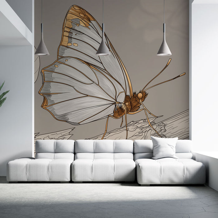 Un salon moderne avec un papier peint représentant un grand papillon aux lignes délicates et aux teintes beige et doré, créant une ambiance artistique et apaisante.