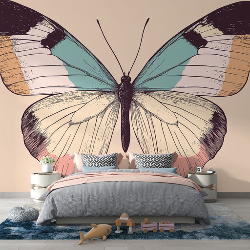 Papier peint mural avec illustration stylisée de papillon aux couleurs pastel pour chambre moderne