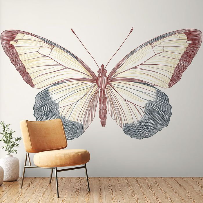 Papier peint mural avec illustration délicate de papillon aux lignes colorées pour salon élégant.