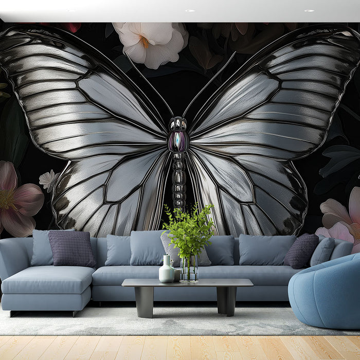 Papier peint mural avec papillon argenté sur fond floral vibrant pour salon moderne