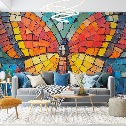 Papier peint mosaïque colorée avec papillon vibrant pour salon moderne