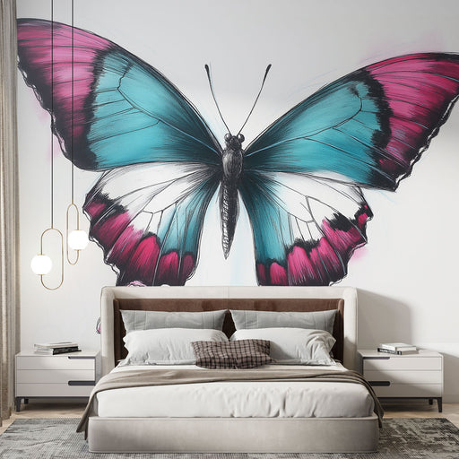 Papier peint mural avec motif de papillon coloré et dégradés vifs pour chambre moderne.