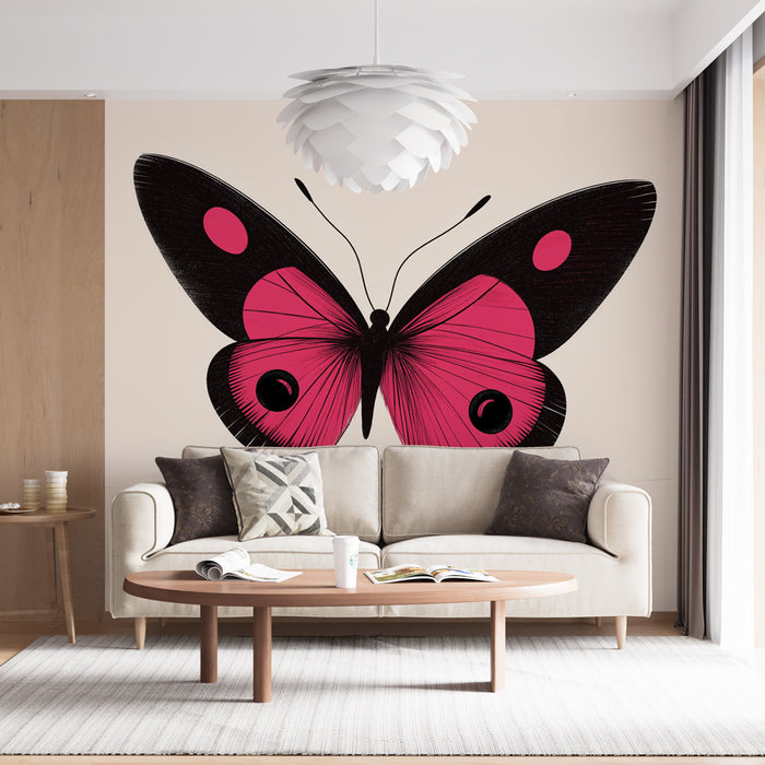 Papier peint papillon rose et noir avec motif coloré pour salon moderne