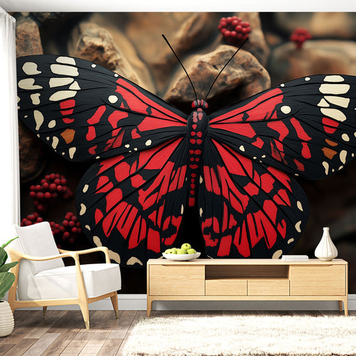 Papier peint papillon éclatant rouge et noir pour salon moderne et élégant