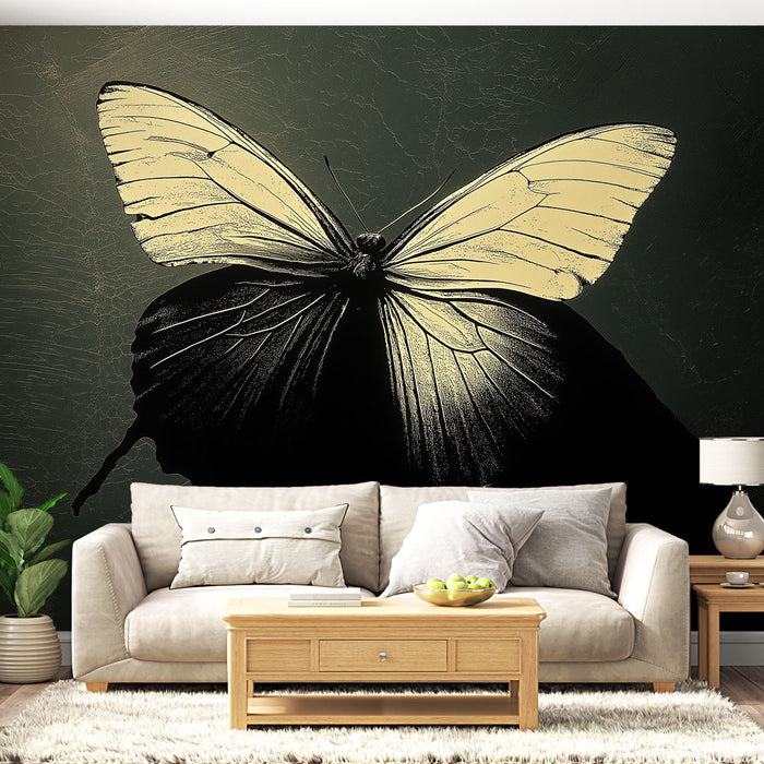 Papier peint élégant avec motif de papillon contrasté sur fond sombre pour salon moderne