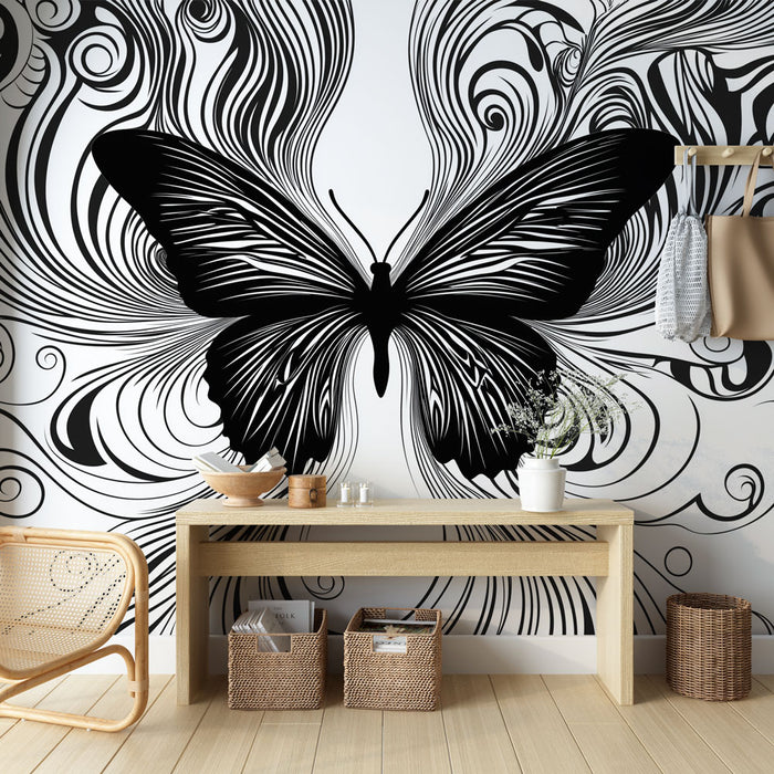 Papier peint papillon noir avec motifs fluides pour décoration murale moderne