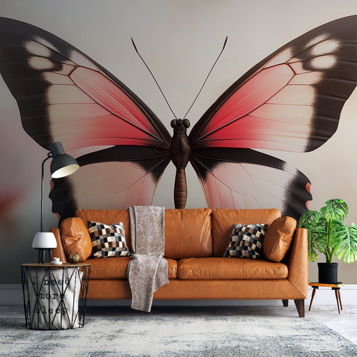 Papier peint papillon avec ailes roses et noires sur fond doux pour salon élégant