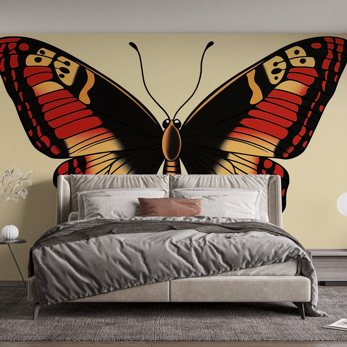 Papier peint papillon avec ailes rouges et dorées sur fond clair pour chambre moderne