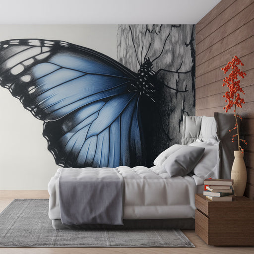 Papier peint bleu avec papillon réaliste sur fond texturé pour chambre moderne