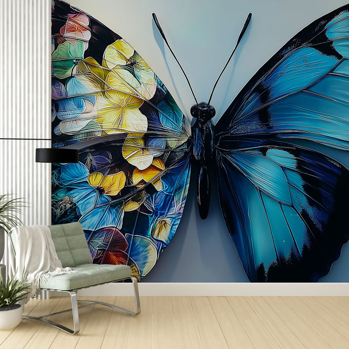 Papier peint papillon coloré avec motifs floraux vibrants pour salon moderne