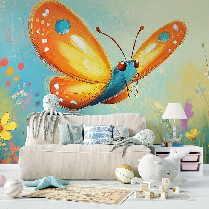Papier peint coloré avec papillon dans un champ de fleurs pour décoration de salon moderne