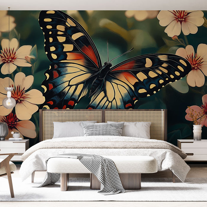 Papier peint papillon coloré avec fleurs délicates pour chambre moderne