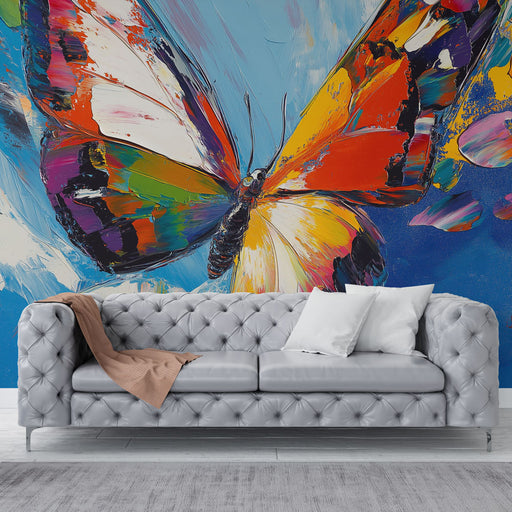 Papier peint coloré avec papillon sur fond bleu éclatant pour salon moderne