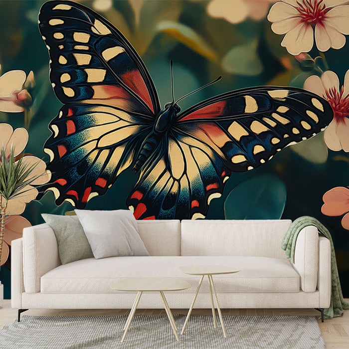 Papier peint floral avec papillon coloré pour salon élégant et moderne