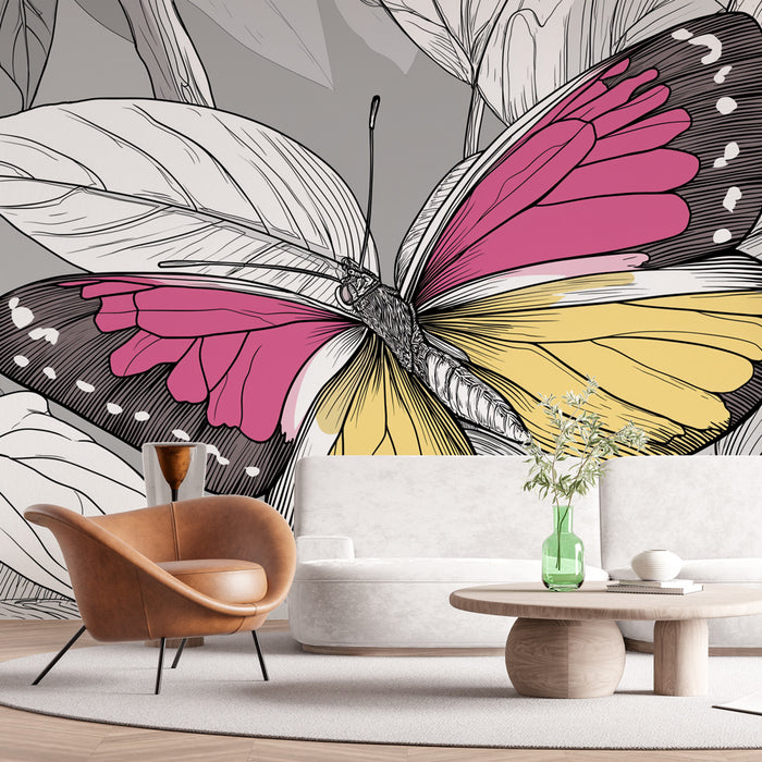 Une pièce moderne avec un papier peint illustrant un grand papillon aux teintes vives de rose et jaune, créant une ambiance artistique et dynamique.