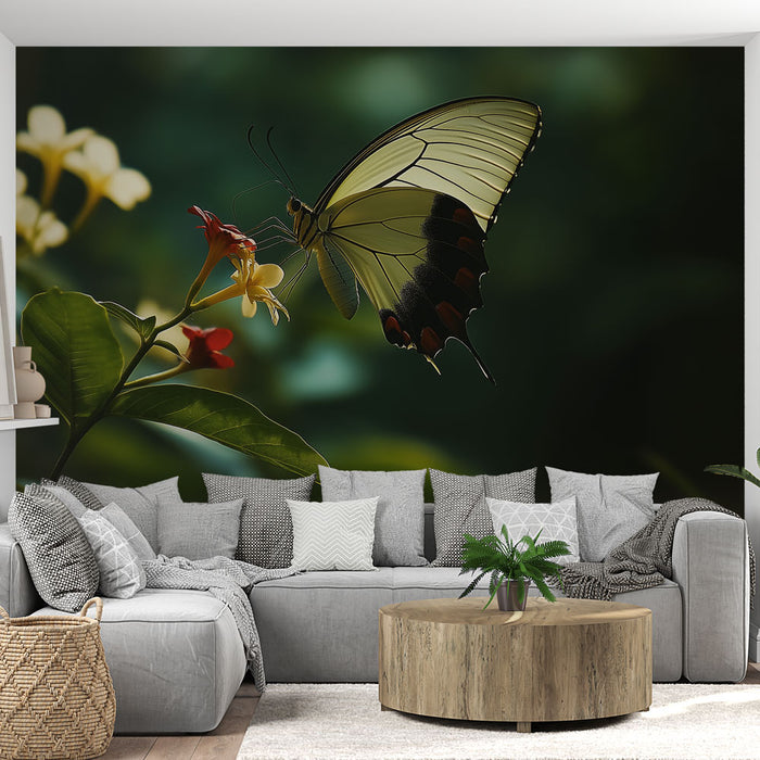 Papier peint papillon délicat sur fond de fleurs colorées pour salon élégant