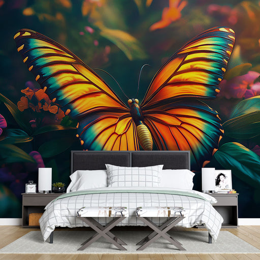 Papier peint éclatant avec papillon coloré sur fond floral luxuriant pour chambre moderne.