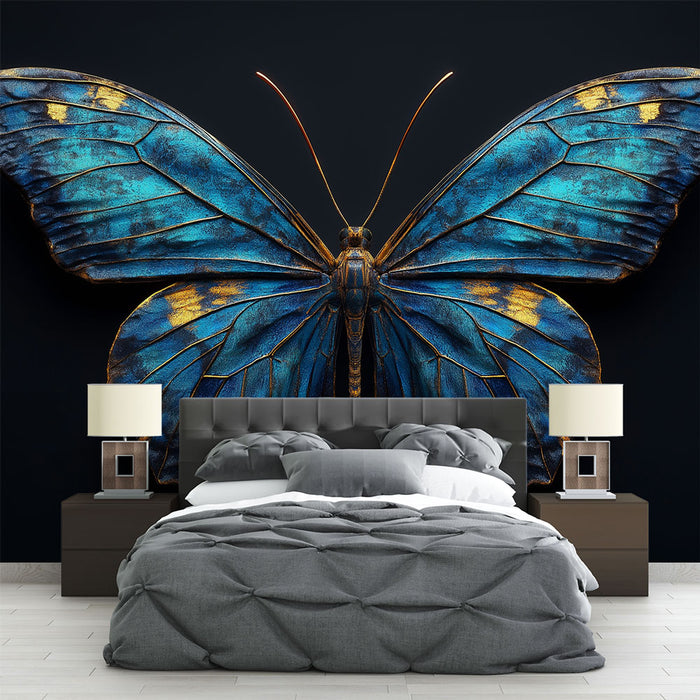 Papier peint mural avec papillon en métal aux reflets dorés et bleus pour chambre moderne.