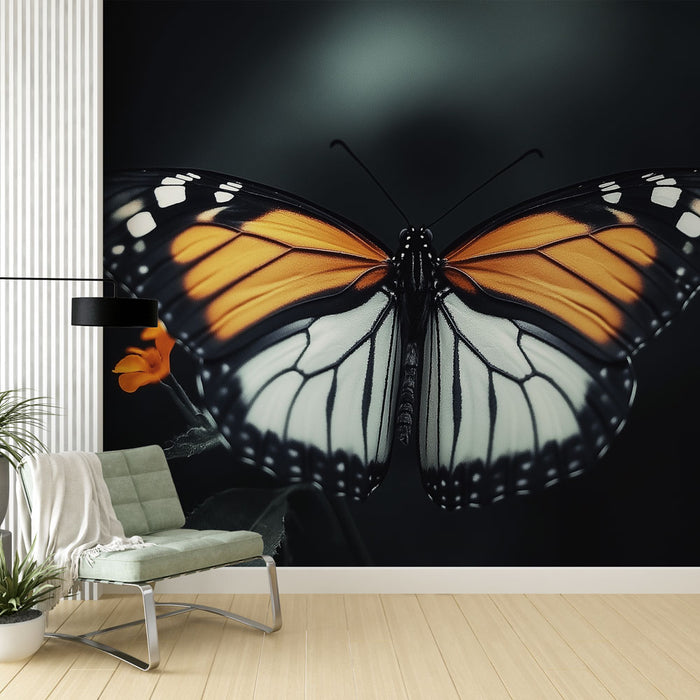 Papier peint papillon monarque sur fond sombre avec détails vibrants pour décoration murale moderne.