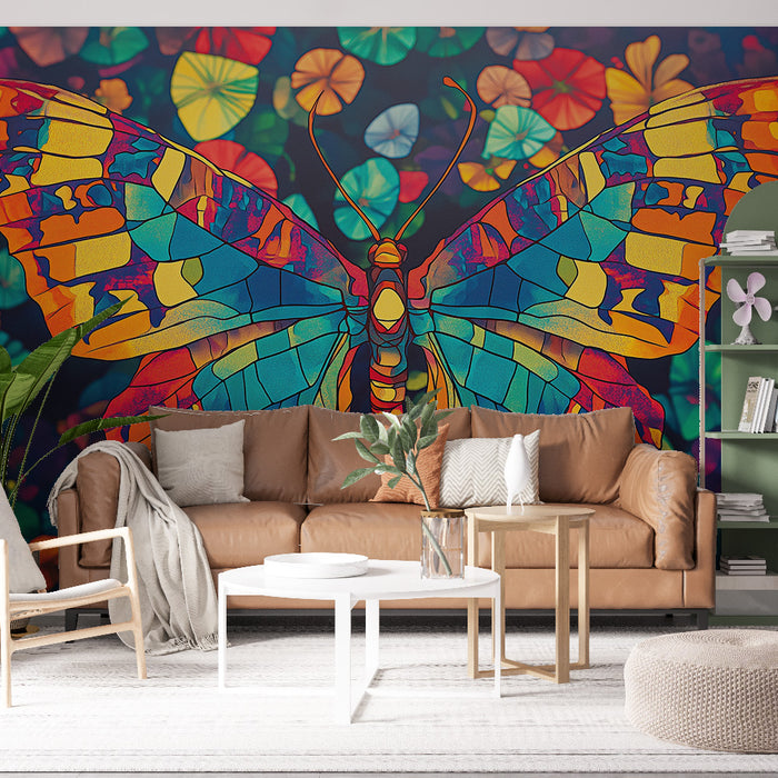Papier peint multicolore avec papillon sur fond floral vibrant pour salon moderne.