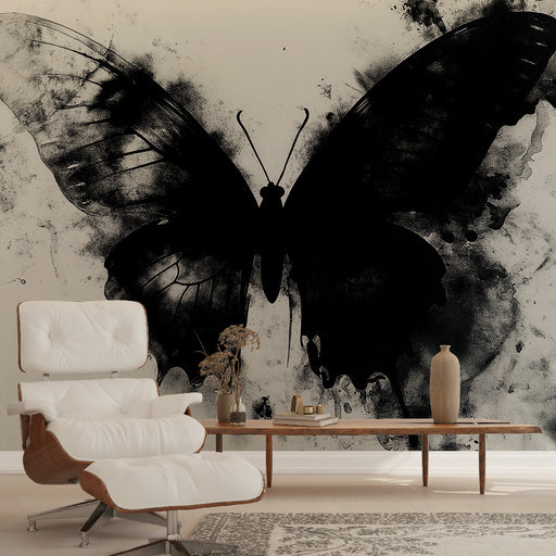 Papier peint design avec papillon noir éclatant sur fond blanc pour salon moderne.