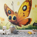 Papier peint papillon orange avec yeux expressifs dans un décor naturel pour chambre d'enfant.