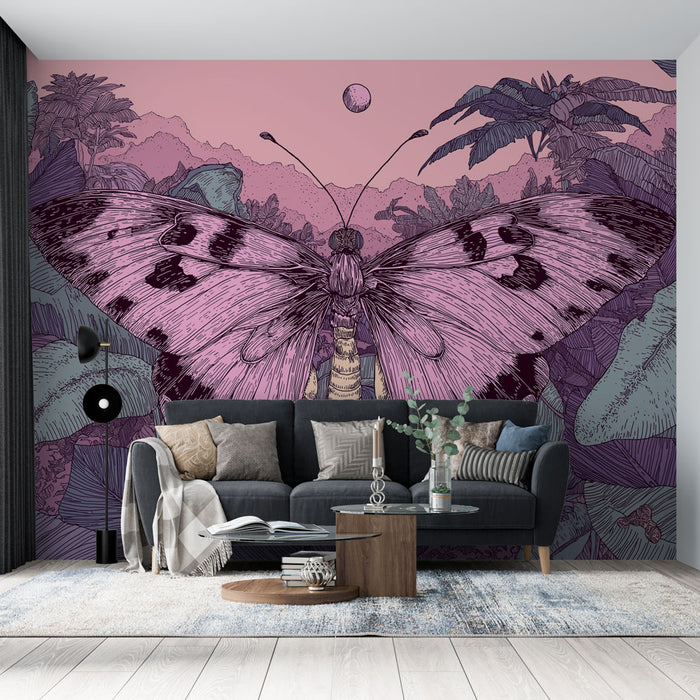 Un salon contemporain avec un papier peint illustrant un grand papillon rose sur fond mauve, créant une atmosphère artistique et onirique.