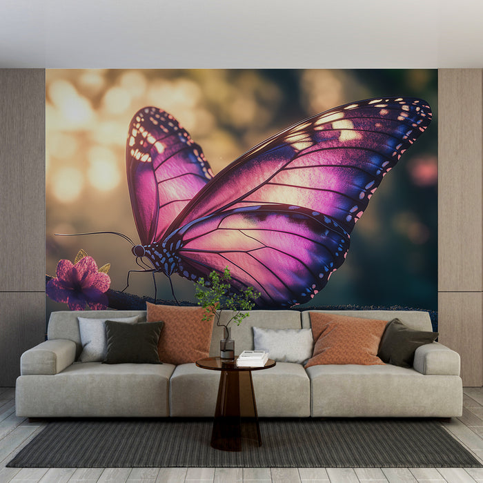 Papier peint papillon violet sur branche fleurie pour salon élégant