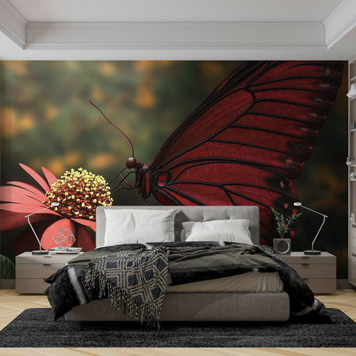 Papier peint papillon rouge avec papillon majestueux sur une fleur éclatante pour chambre moderne