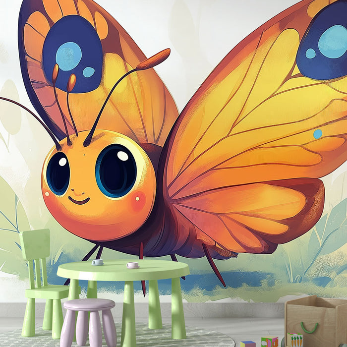 Papier peint enfant avec papillon coloré et souriant pour une chambre joyeuse et ludique.