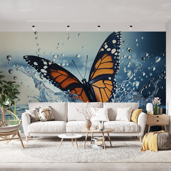 Papier peint salon avec papillon orange et éclats d'eau pour décoration murale moderne