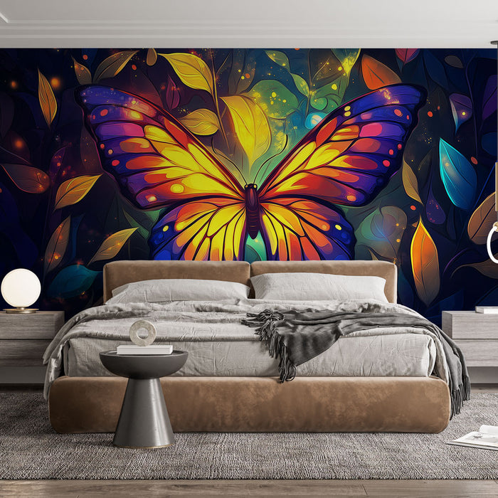 Papier peint papillon coloré avec feuillage vibrant pour chambre moderne