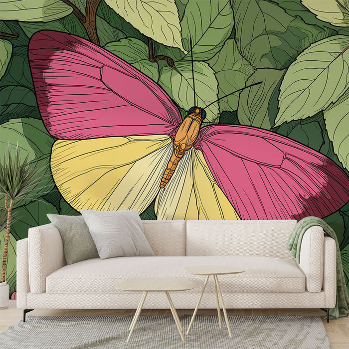 Un salon moderne avec un papier peint illustrant un grand papillon rose et jaune entouré de feuillages verts, créant une atmosphère vivante et naturelle.