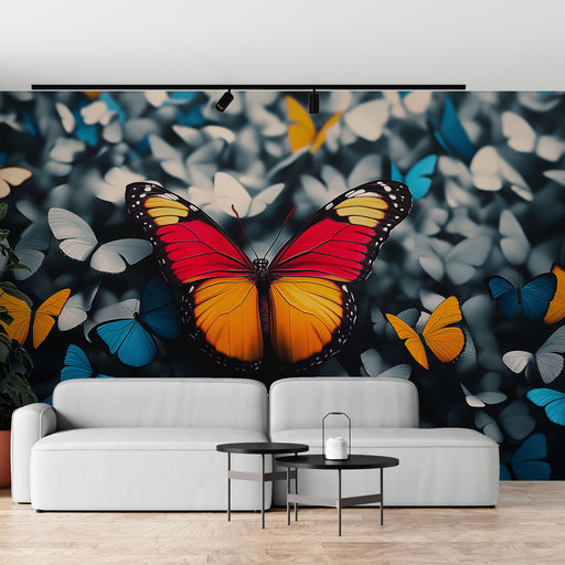 Papier peint papillons colorés avec fond sombre pour salon moderne et élégant