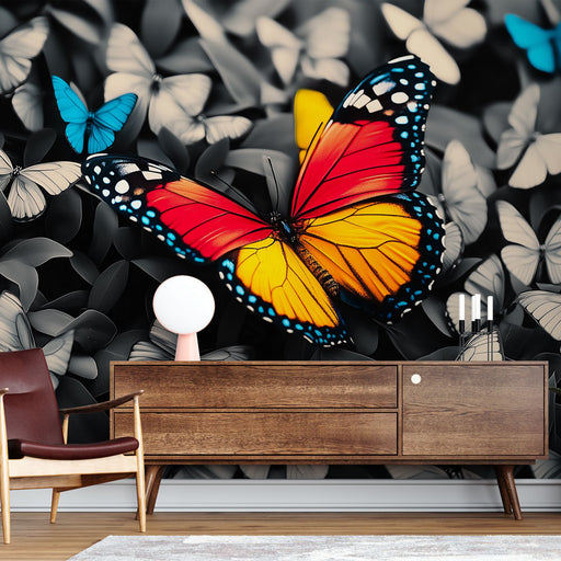 Papier peint papillons colorés sur fond monochrome pour salon moderne et élégant