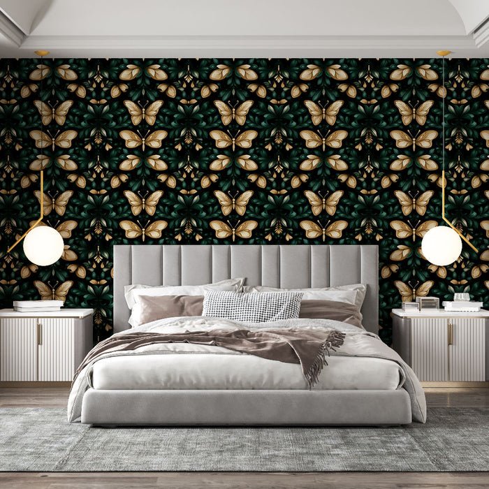 Une chambre élégante avec un papier peint représentant des papillons dorés sur fond noir, entourés de feuillages verts, créant une atmosphère luxuriante et apaisante.