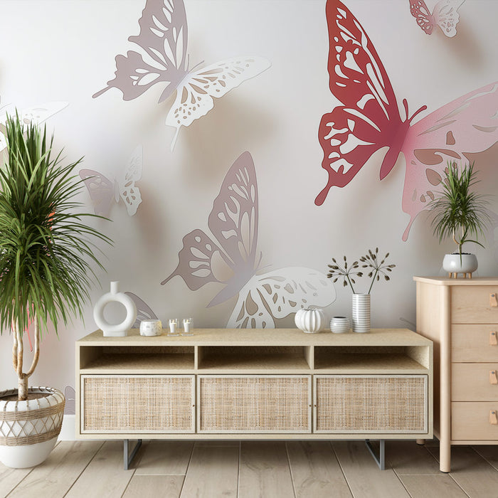 Papier peint élégant avec papillons découpés en relief sur fond blanc pour décoration murale moderne.