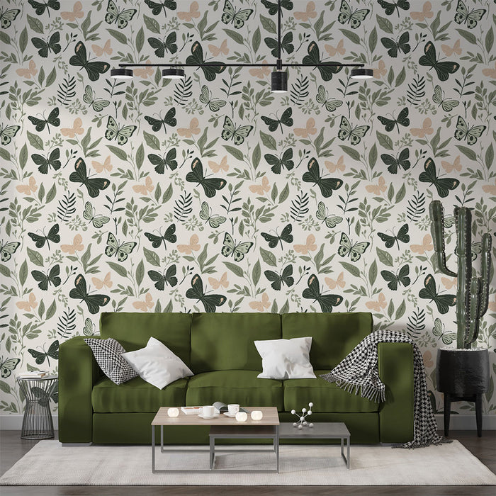 Un salon moderne avec un papier peint floral représentant des papillons et des feuilles dans des teintes vertes et beige, créant une atmosphère fraîche et naturelle.